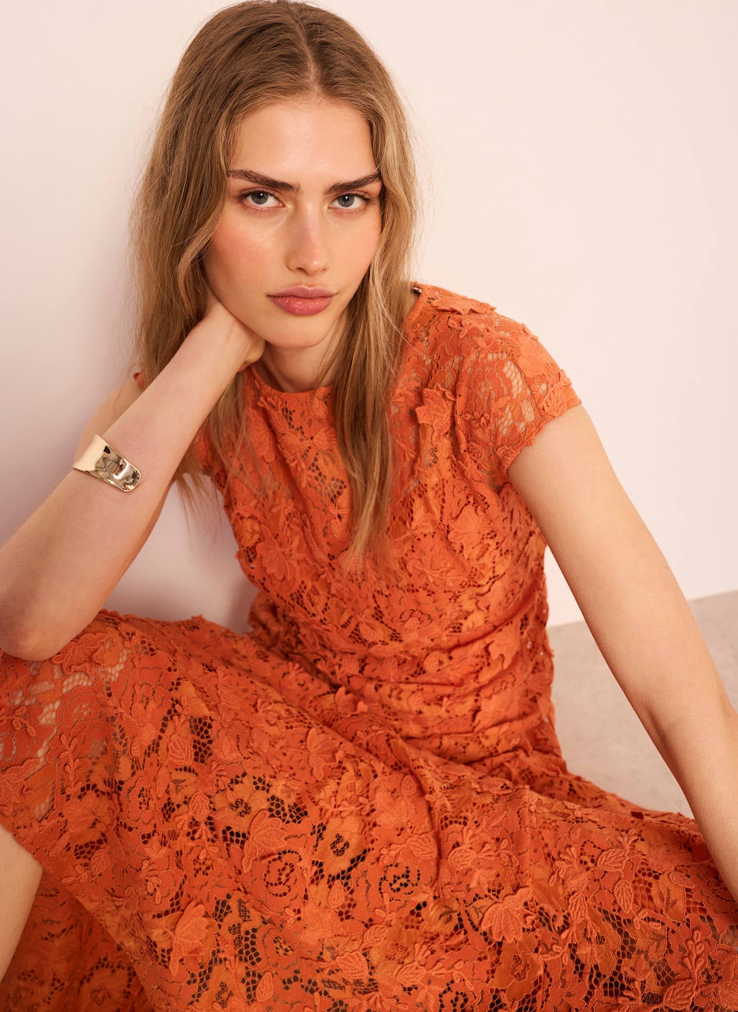 Orange Lace Midi Dress