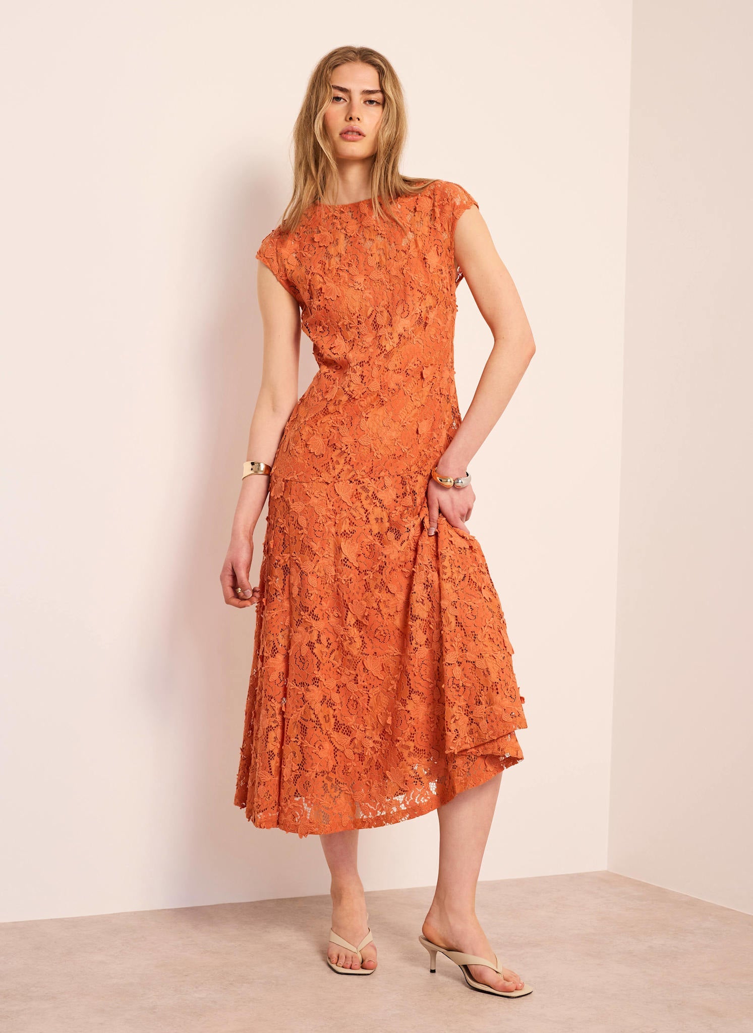 Orange Lace Midi Dress