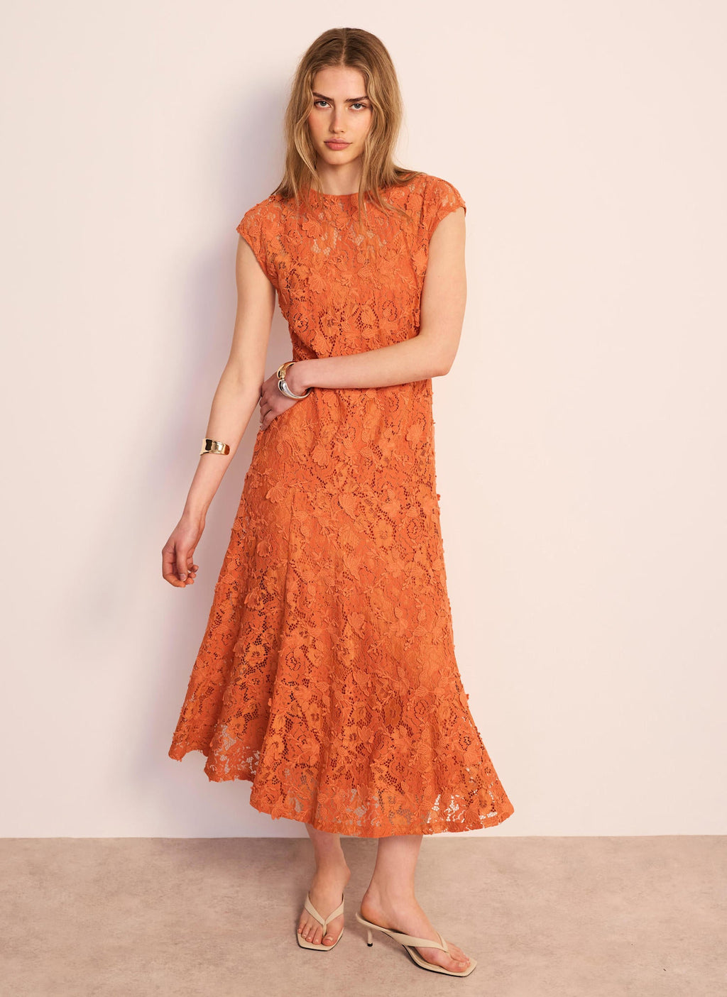 Orange Lace Midi Dress
