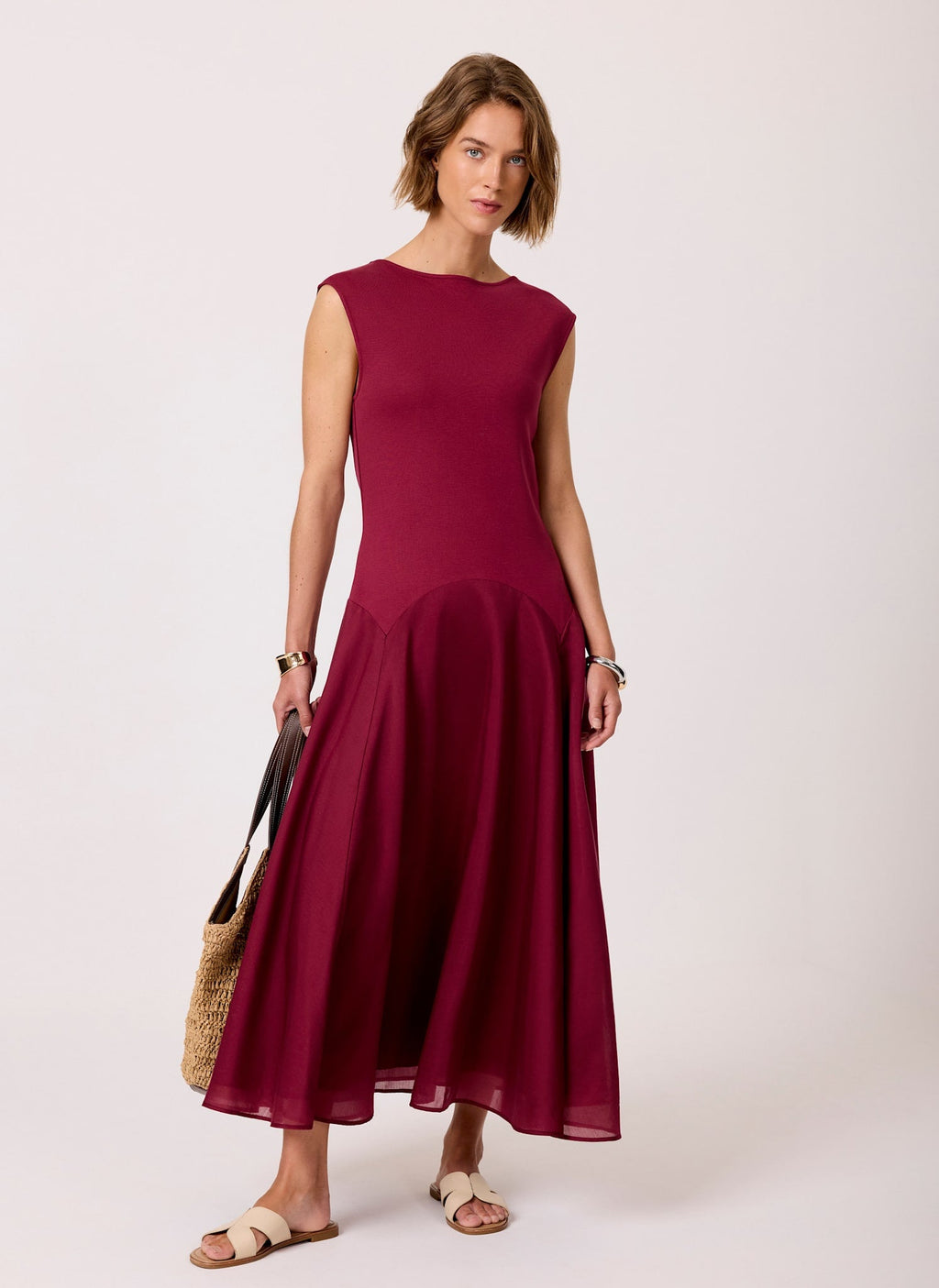 Burgundy Sleeveless Drop Waist Midi Dress