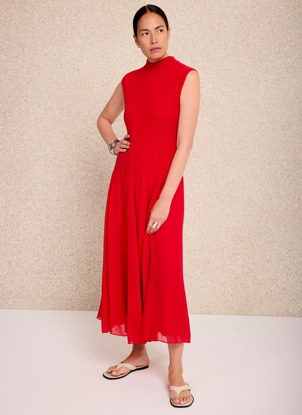 Red Sleeveless Knit Midi Dress