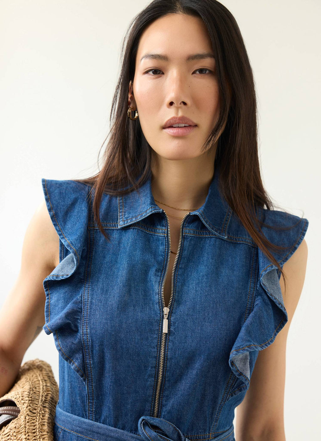 Indigo Denim Ruffle Maxi Shirt Dress