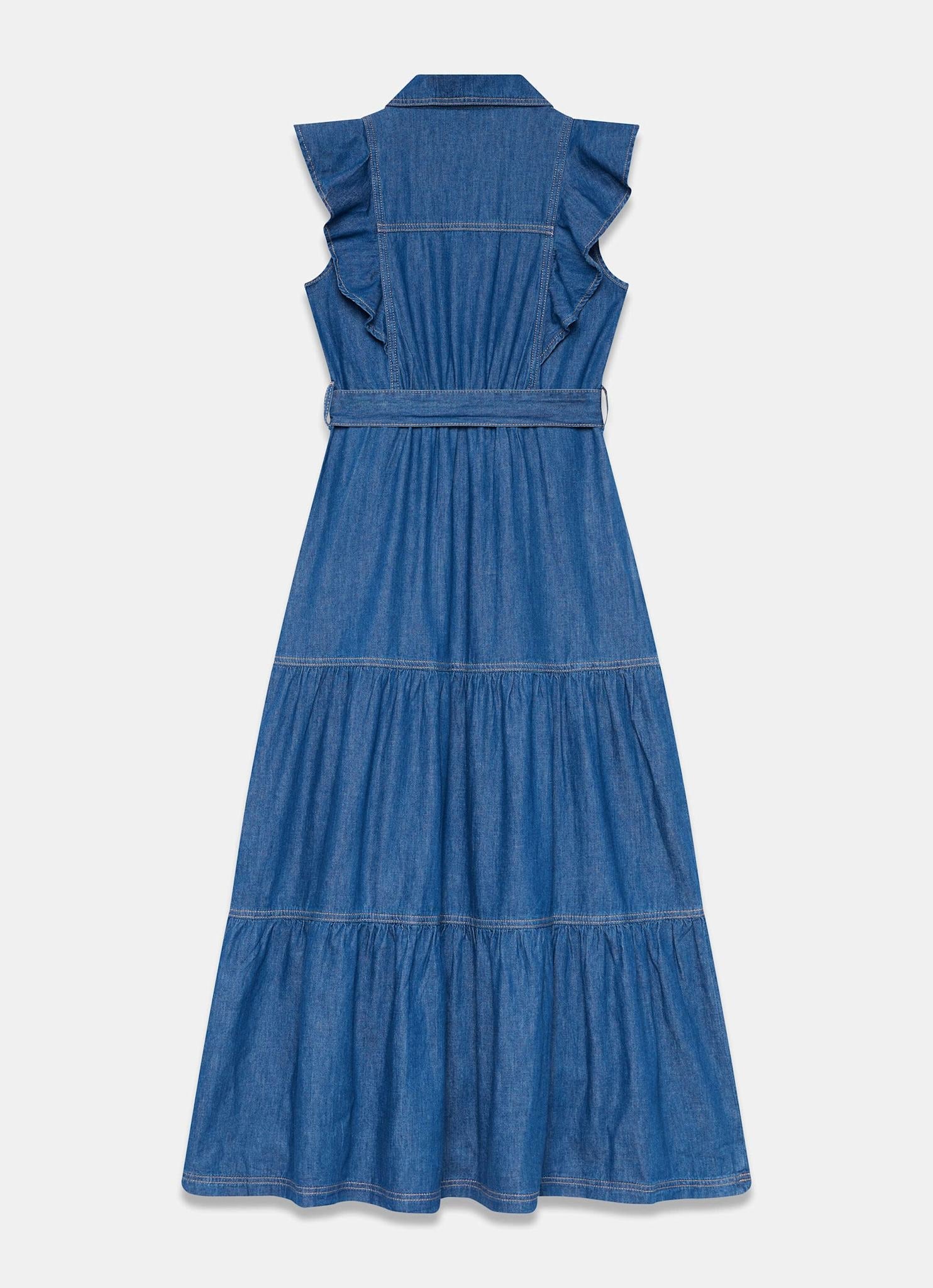 Indigo Denim Ruffle Maxi Shirt Dress