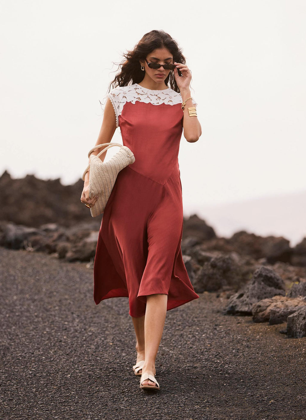 Rust Red Lace Detail Midi Dress