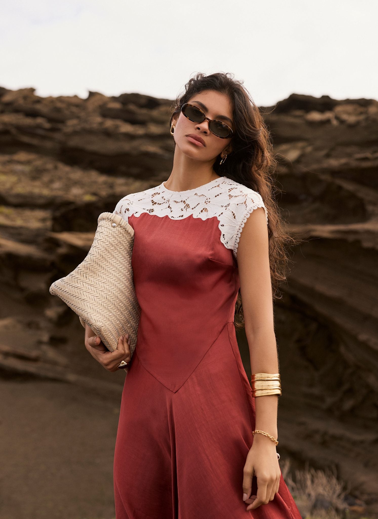 Rust Red Lace Detail Midi Dress