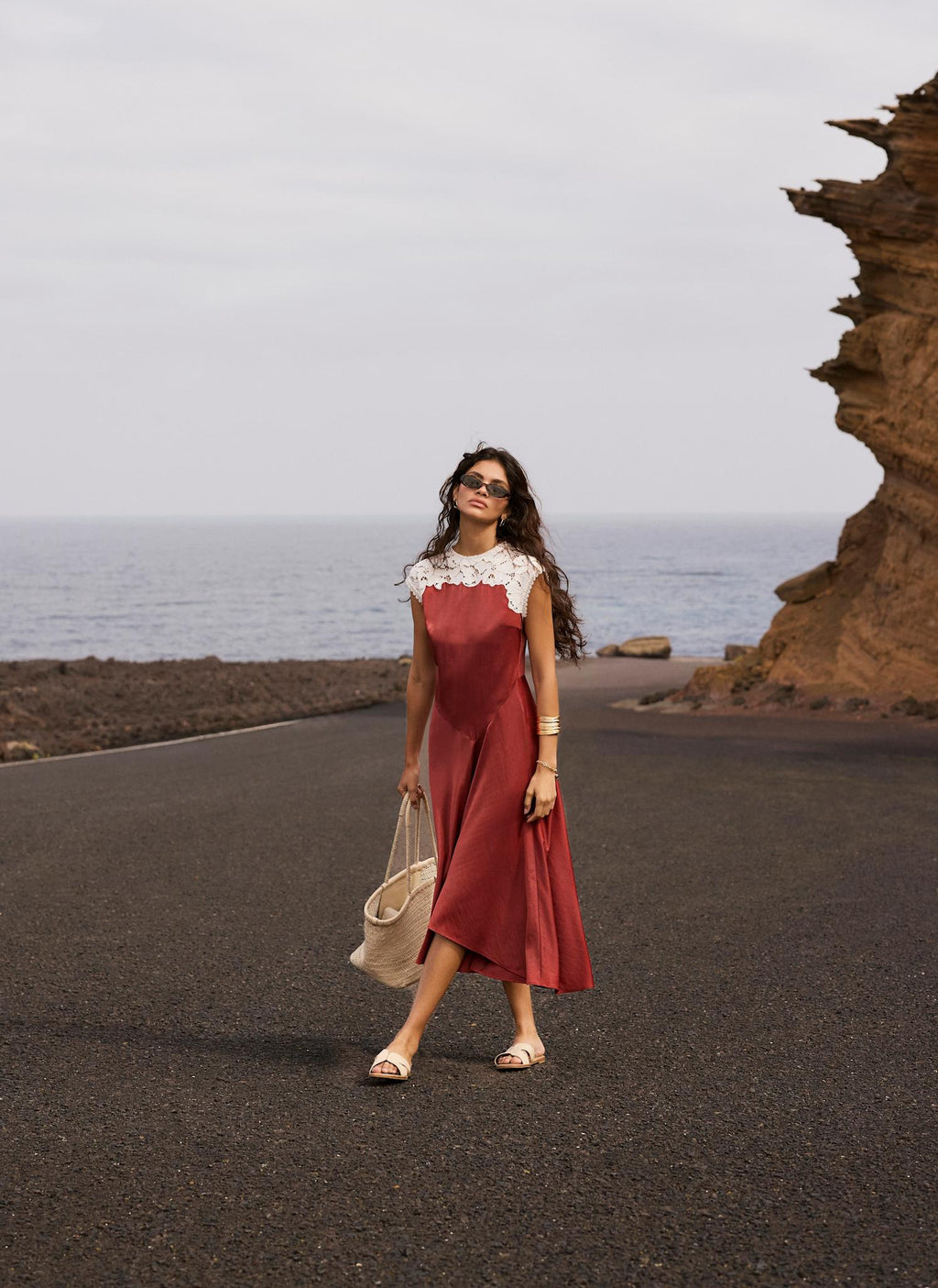 Rust Red Lace Detail Midi Dress