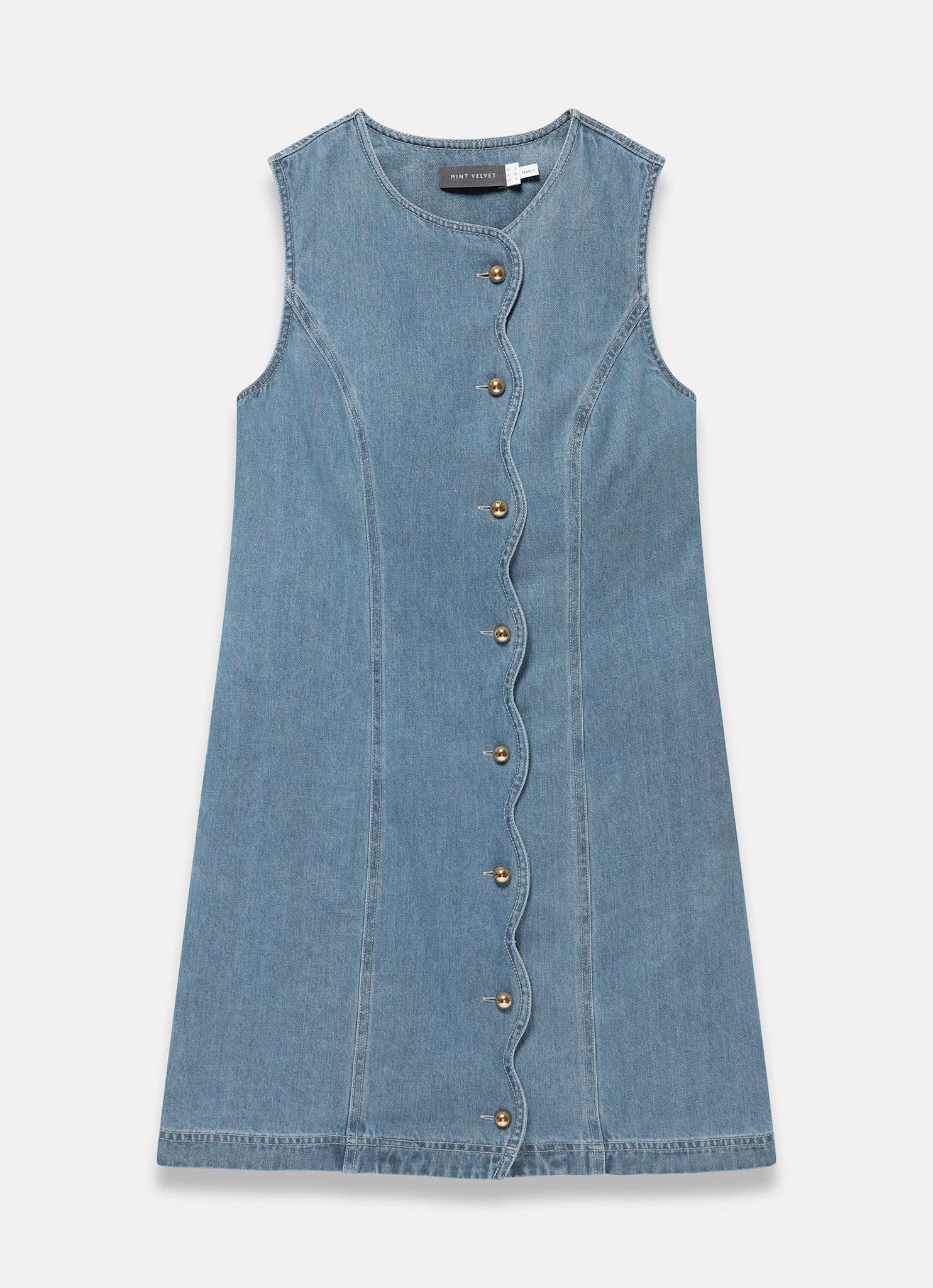 Mid Indigo Denim Scallop Mini Shift Dress