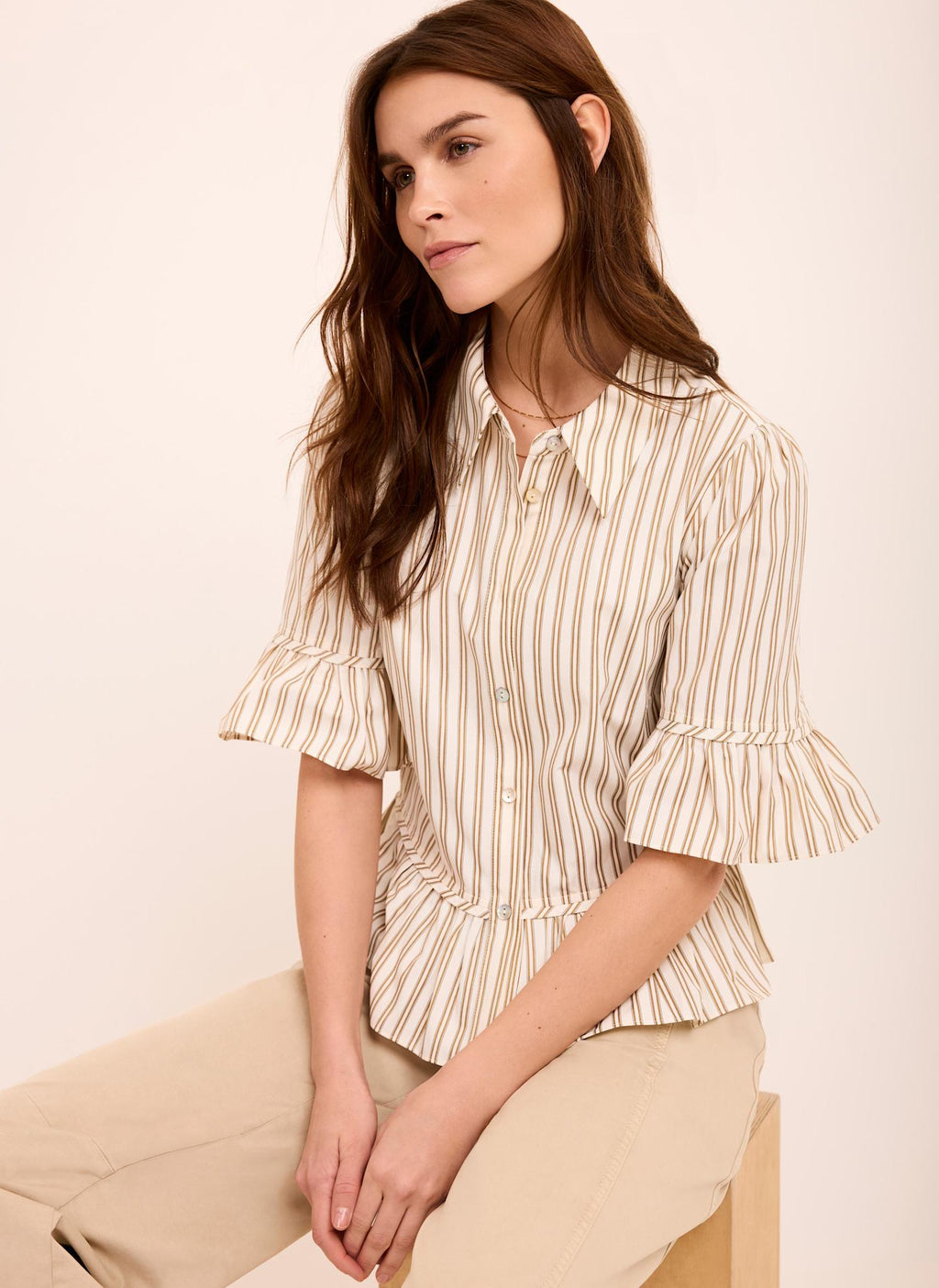 Neutral Striped Ruffle Trim Shirt