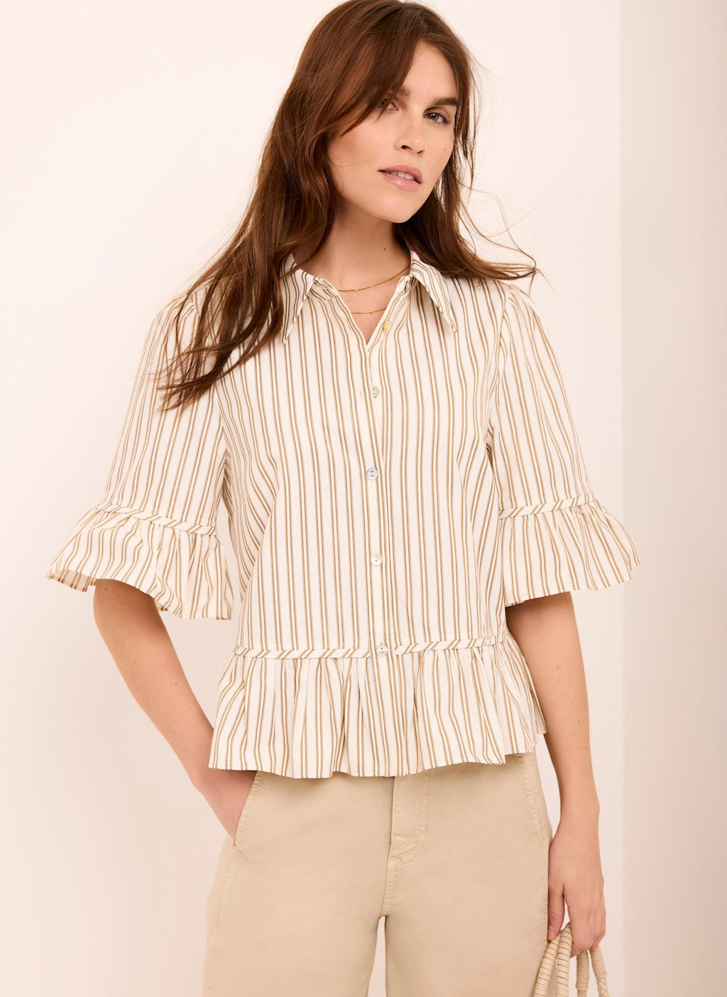 Neutral Striped Ruffle Trim Shirt