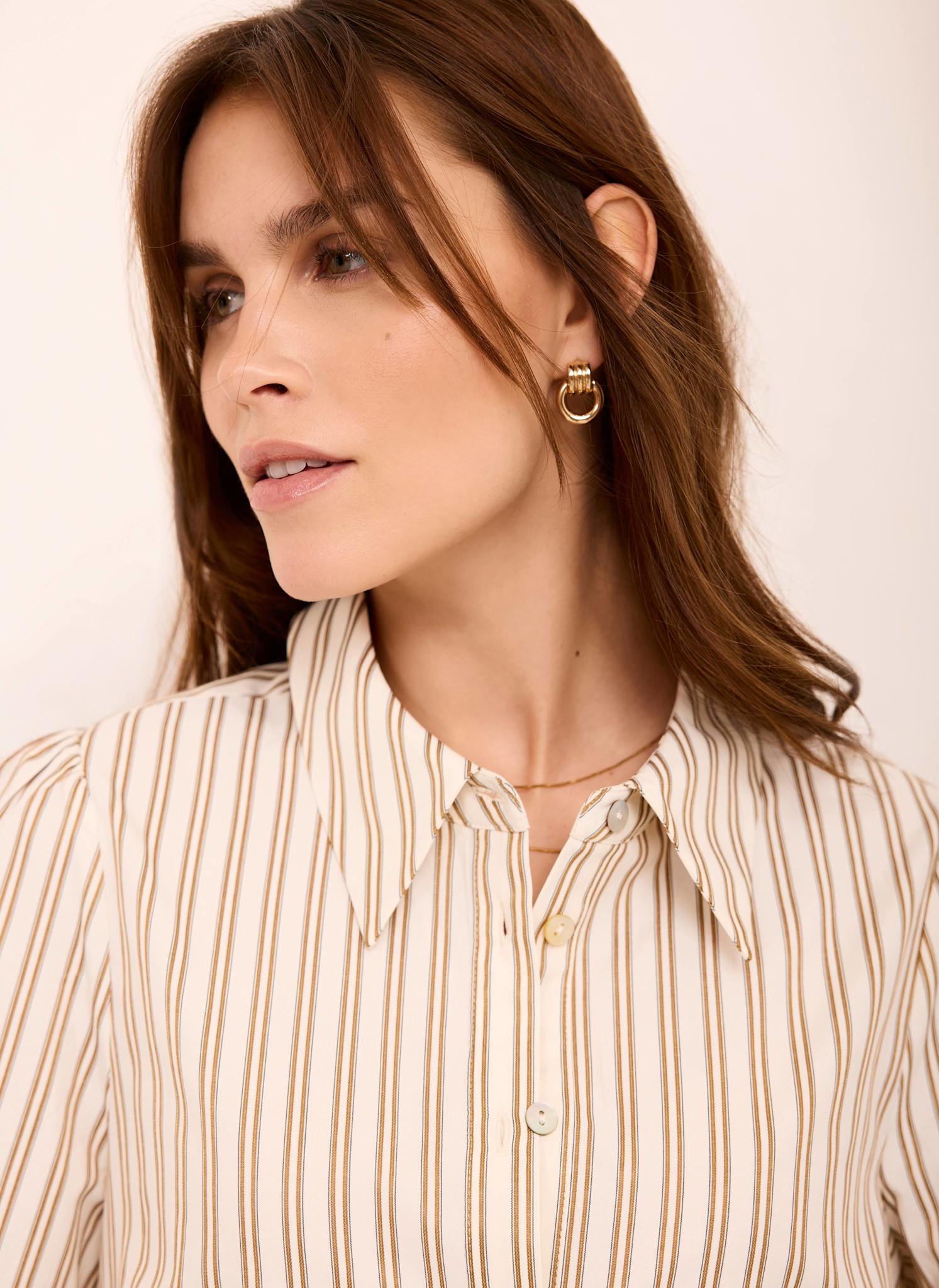 Neutral Striped Ruffle Trim Shirt