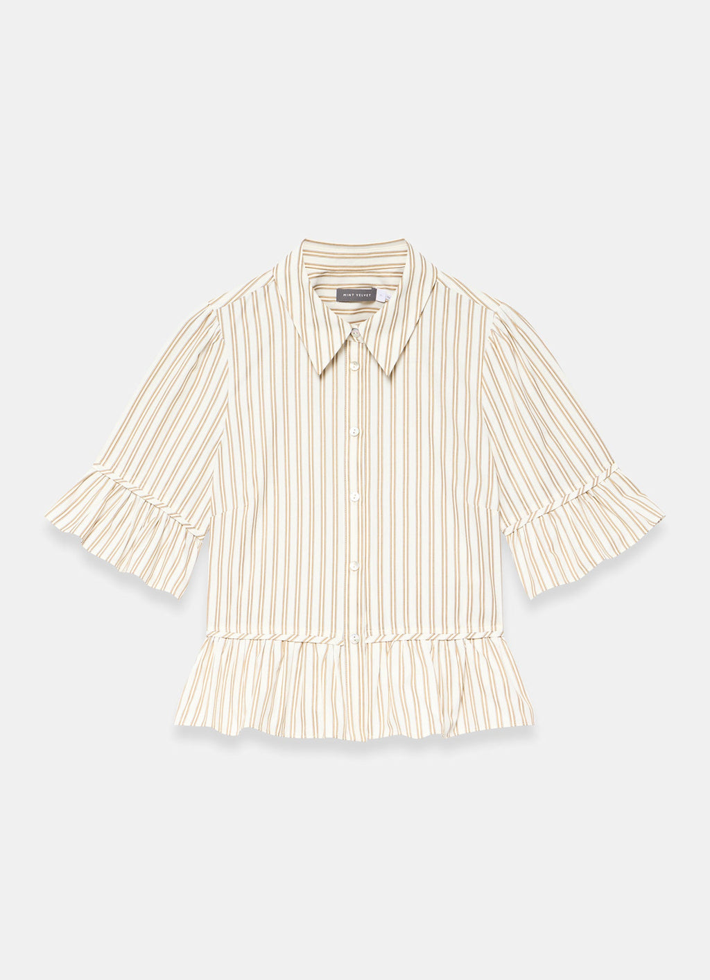 Neutral Striped Ruffle Trim Shirt