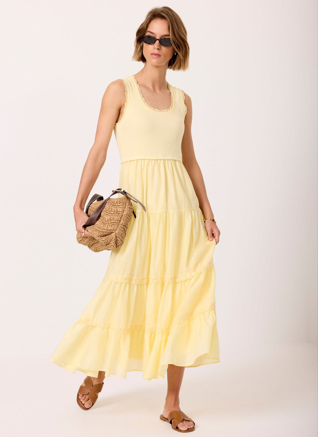 Yellow Crochet Detail Midi Dress