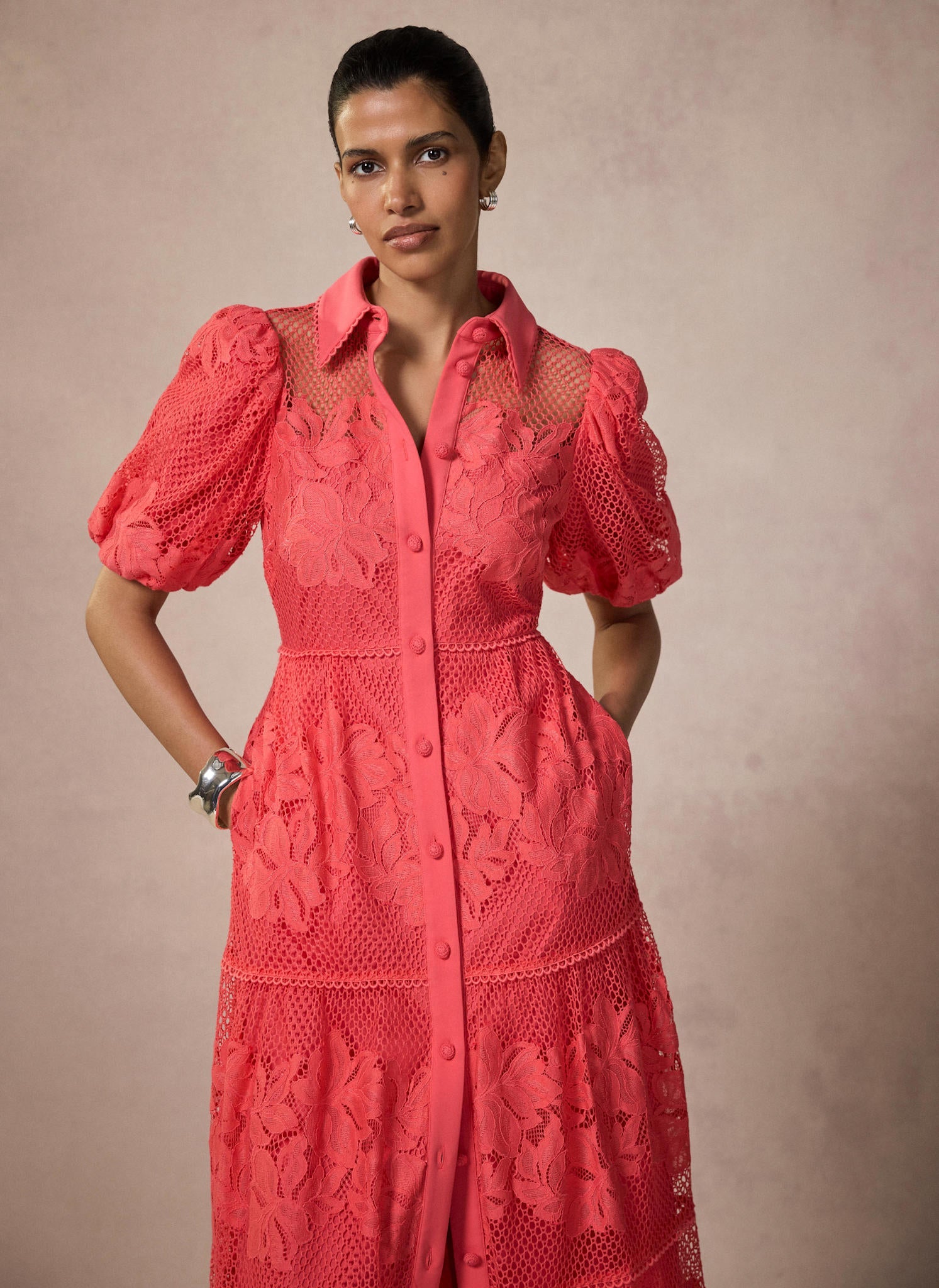 Deep Pink Lace Midi Shirt Dress